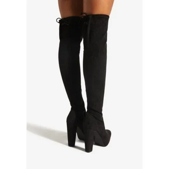 NIB Black Faux Suede Over The Knee Block Heel Baddie Boots - Picture 4 of 6